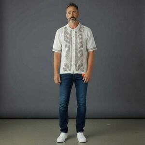 Edition S Mens White Greek Key Short Sleeve Polo Shirt Size M NWT